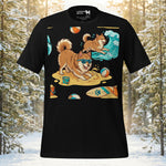 Finnish Lapphund dogs playing on the beach with surfboards and beach balls on a premium graphic t-shirt.
