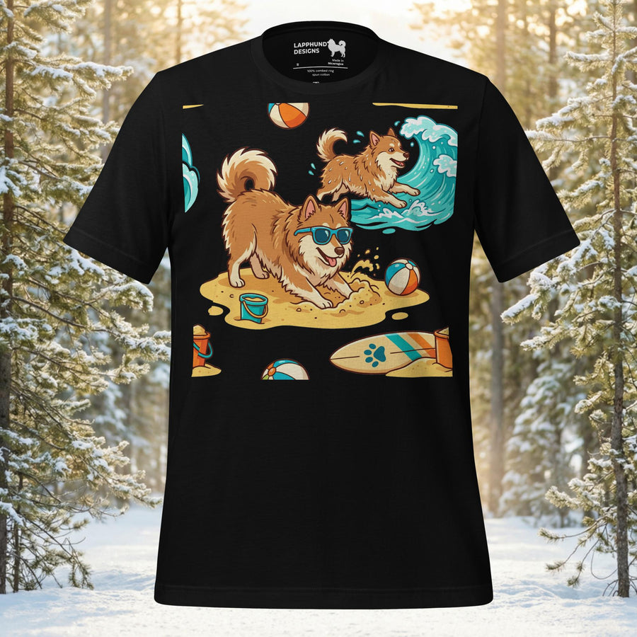 Finnish Lapphund dogs playing on the beach with surfboards and beach balls on a premium graphic t-shirt.