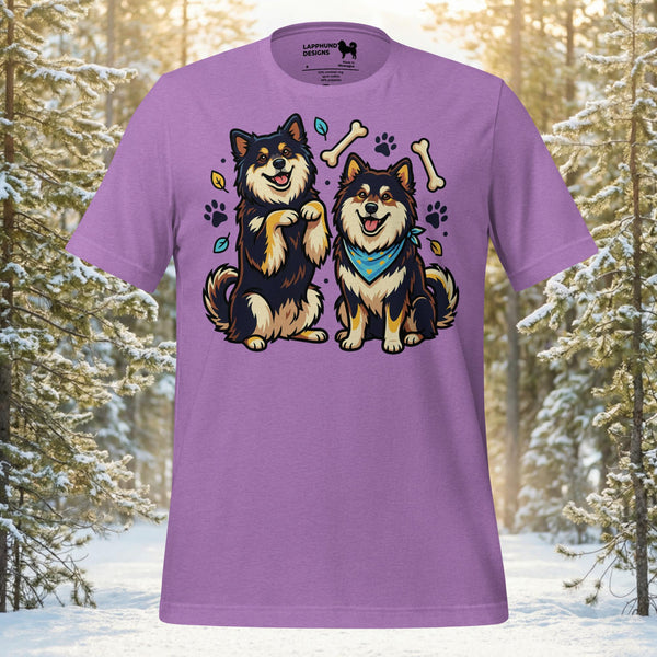 Finnish Lapphund best buddies t-shirt with two happy dogs and playful treats artwork