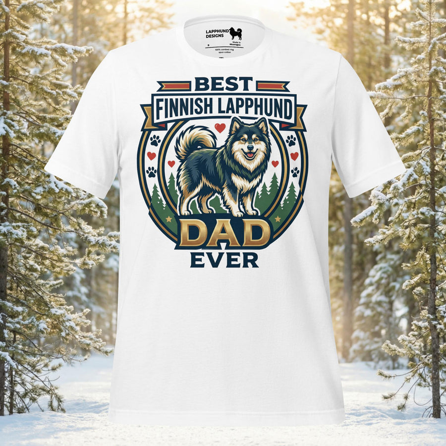 Finnish Lapphund standing within a circular forest heritage crest featuring hearts and paw prints with breed-specific typography for proud owners.