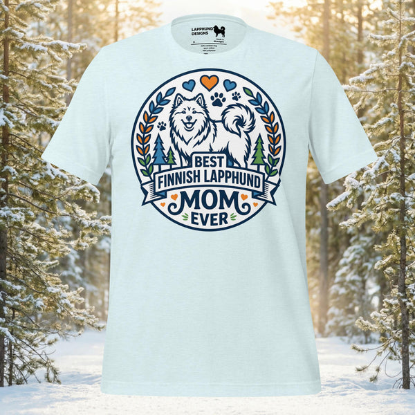 Finnish Lapphund Best Mom Ever t-shirt with laurel badge design, hearts, and two proud Lapphunds