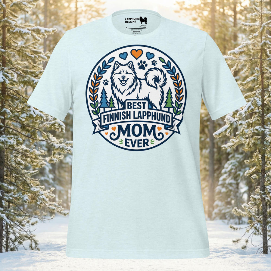 Finnish Lapphund Best Mom Ever t-shirt with laurel badge design, hearts, and two proud Lapphunds