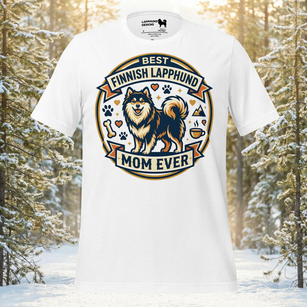 Finnish Lapphund Best Mom Ever t-shirt with circular badge design, paw prints, and proud Lapphund illustration
