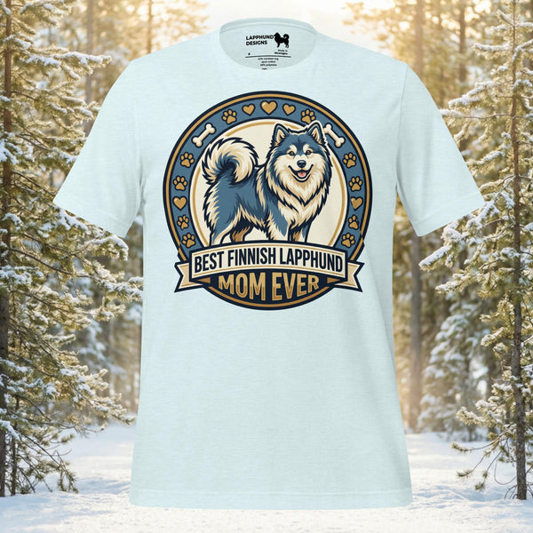 Finnish Lapphund Best Mom Ever t-shirt with circular badge design and heart accents