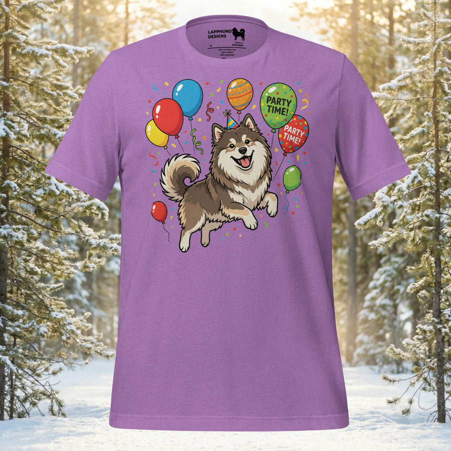 Finnish Lapphund illustrated smiling and jumping among balloons and confetti in a birthday party design on a graphic t-shirt
