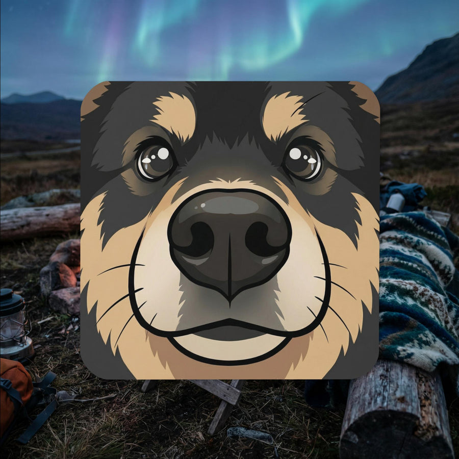 Black and tan Finnish Lapphund face illustrated cork-back coaster with classic close-up design