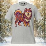 Finnish Lapphund illustrated with decorative boho-style symbols and flowing artistic patterns in a peaceful spirit design on a graphic t-shirt