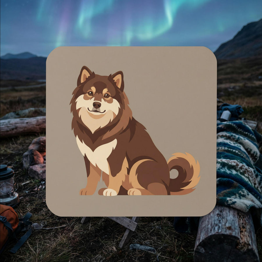 Brown Finnish Lapphund sitting illustrated cork-back coaster with neutral background