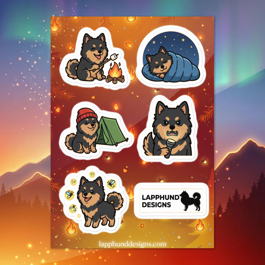 Finnish Lapphund camping nights sticker sheet featuring campfire, tent, sleeping bag, and cozy nighttime designs