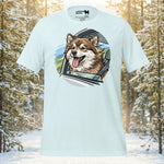 Finnish Lapphund illustrated with head out a car window enjoying a road trip scene on a graphic t-shirt