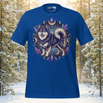 Finnish Lapphund surrounded by purple crystals and gold moon phases on a premium black t-shirt for dog owners.