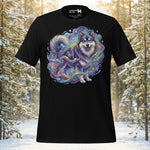 Finnish Lapphund standing proudly amidst swirling celestial nebula clouds and stars on a premium unisex t-shirt.