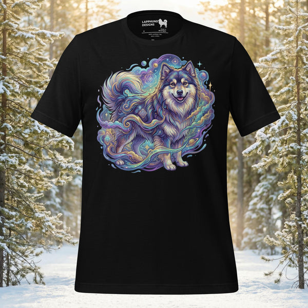 Finnish Lapphund standing proudly amidst swirling celestial nebula clouds and stars on a premium unisex t-shirt.