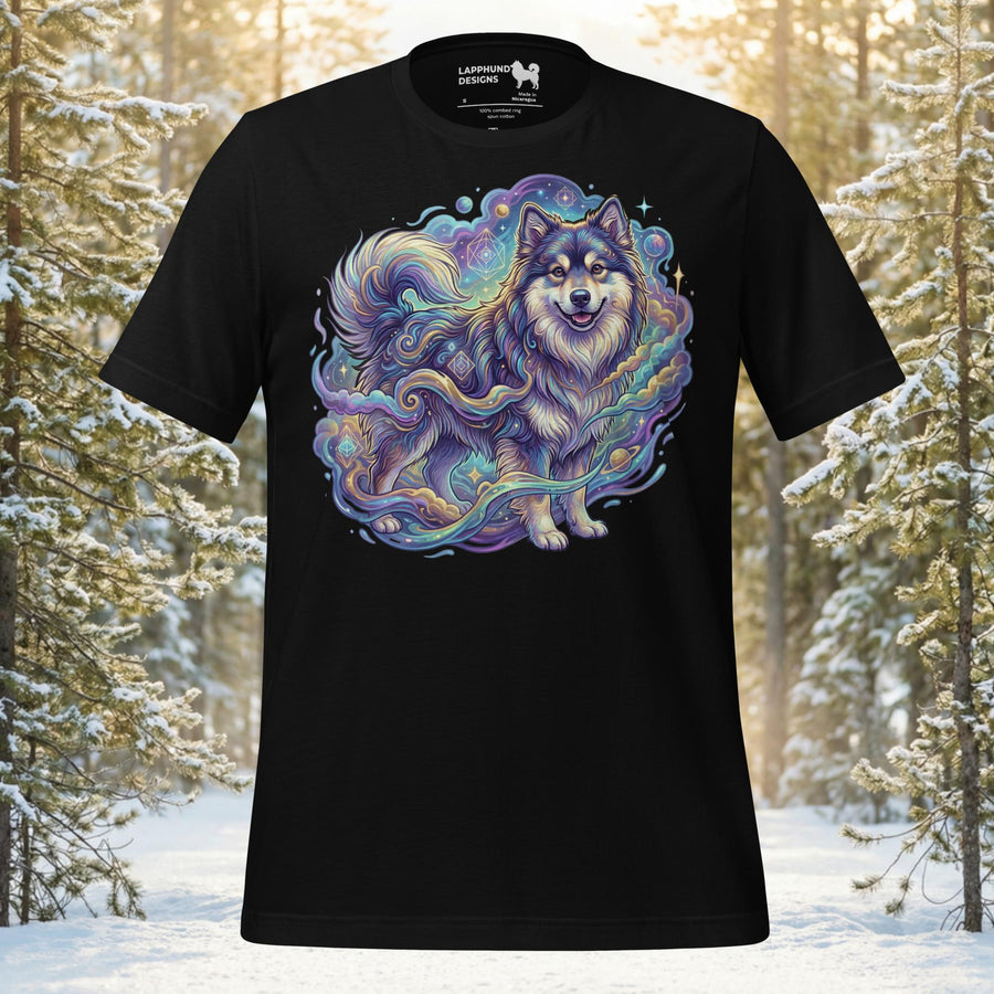 Finnish Lapphund standing proudly amidst swirling celestial nebula clouds and stars on a premium unisex t-shirt.