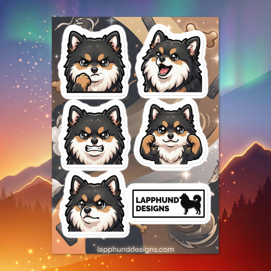 Finnish Lapphund cheeky expressions sticker sheet featuring sassy smiles and playful attitude faces