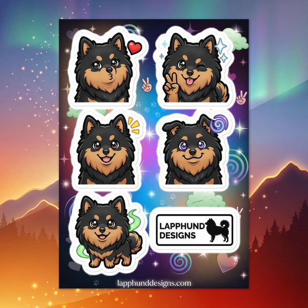 Finnish Lapphund cheerful reactions sticker sheet featuring hearts, peace signs, sparkles, and expressive emotions
