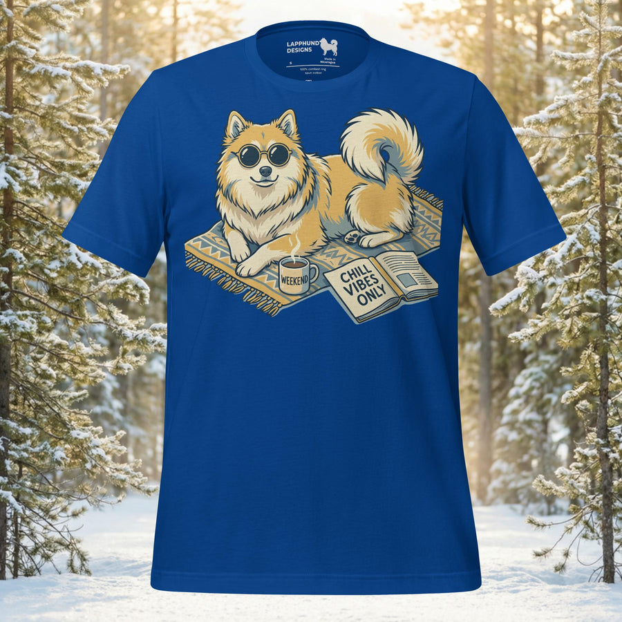 Finnish Lapphund chief vibe officer t-shirt featuring a relaxed Nordic dog lounging on a rug