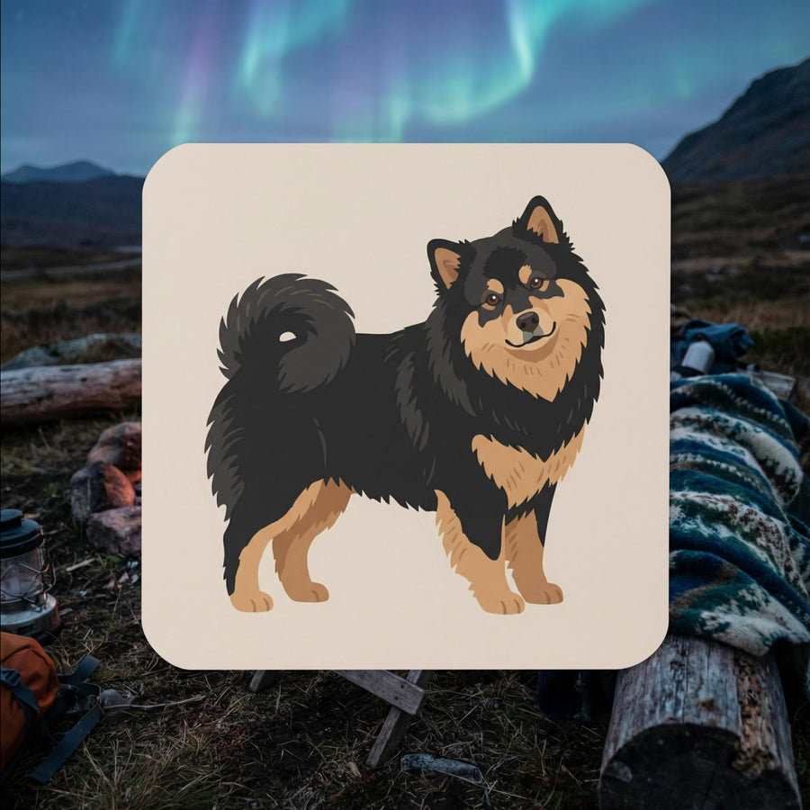 Finnish Lapphund full body illustrated cork-back coaster with clean neutral background