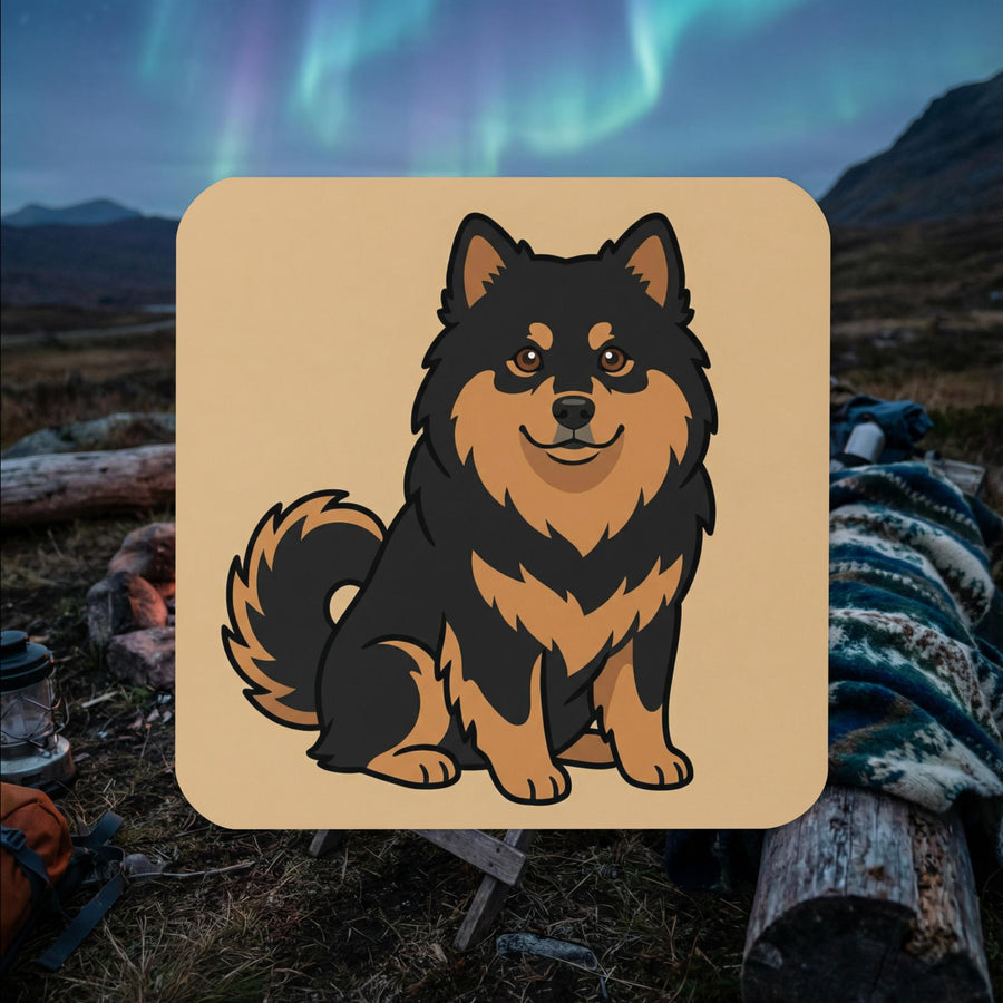 Finnish Lapphund illustrated cork-back coaster with classic Nordic dog artwork