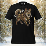 Finnish Lapphund illustrated with intricate clockwork armor in a Nordic-inspired design on a graphic t-shirt