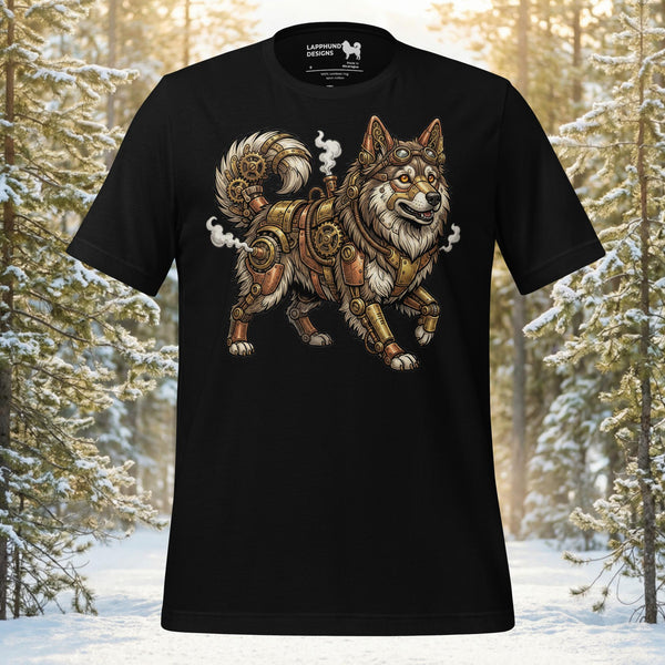 Finnish Lapphund illustrated with intricate clockwork armor in a Nordic-inspired design on a graphic t-shirt