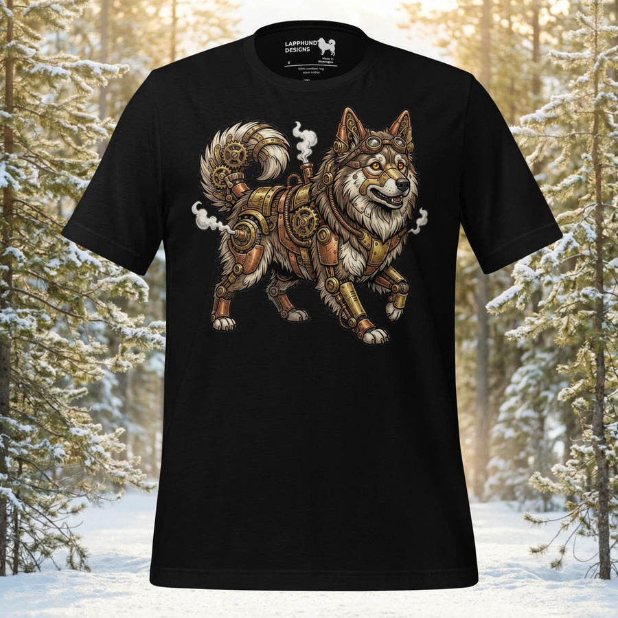 Finnish Lapphund illustrated with intricate clockwork armor in a Nordic-inspired design on a graphic t-shirt