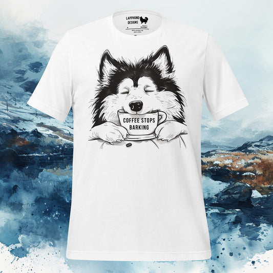 Coffee Stops Barking Finnish Lapphund Lappy Slogan Tee in white