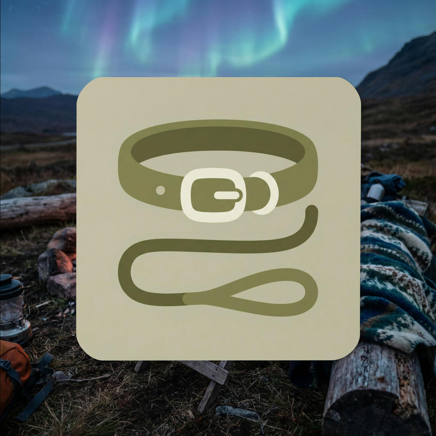 Finnish Lapphund collar and leash icon cork-back coaster with minimalist Nordic dog design
