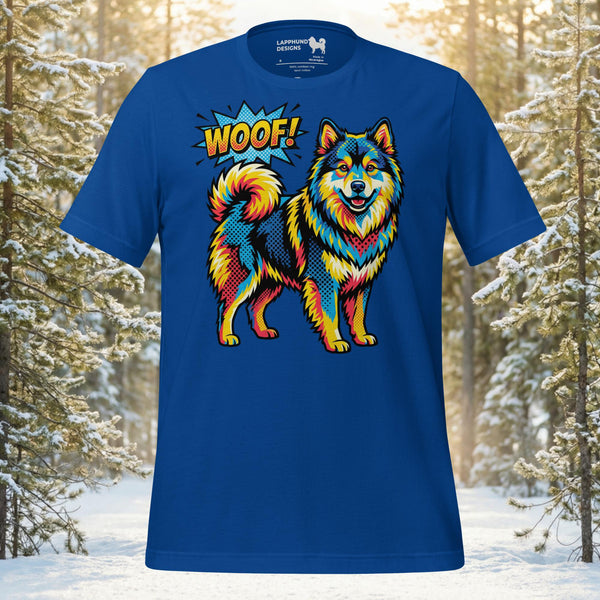 Finnish Lapphund Colorburst Woof t-shirt featuring a vibrant pop art style Nordic dog