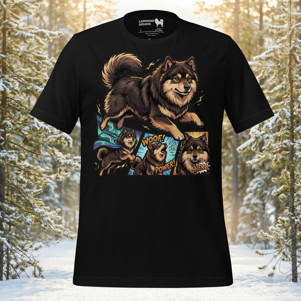 Comic-style Finnish Lapphund illustration with playful panels printed on a black graphic t-shirt