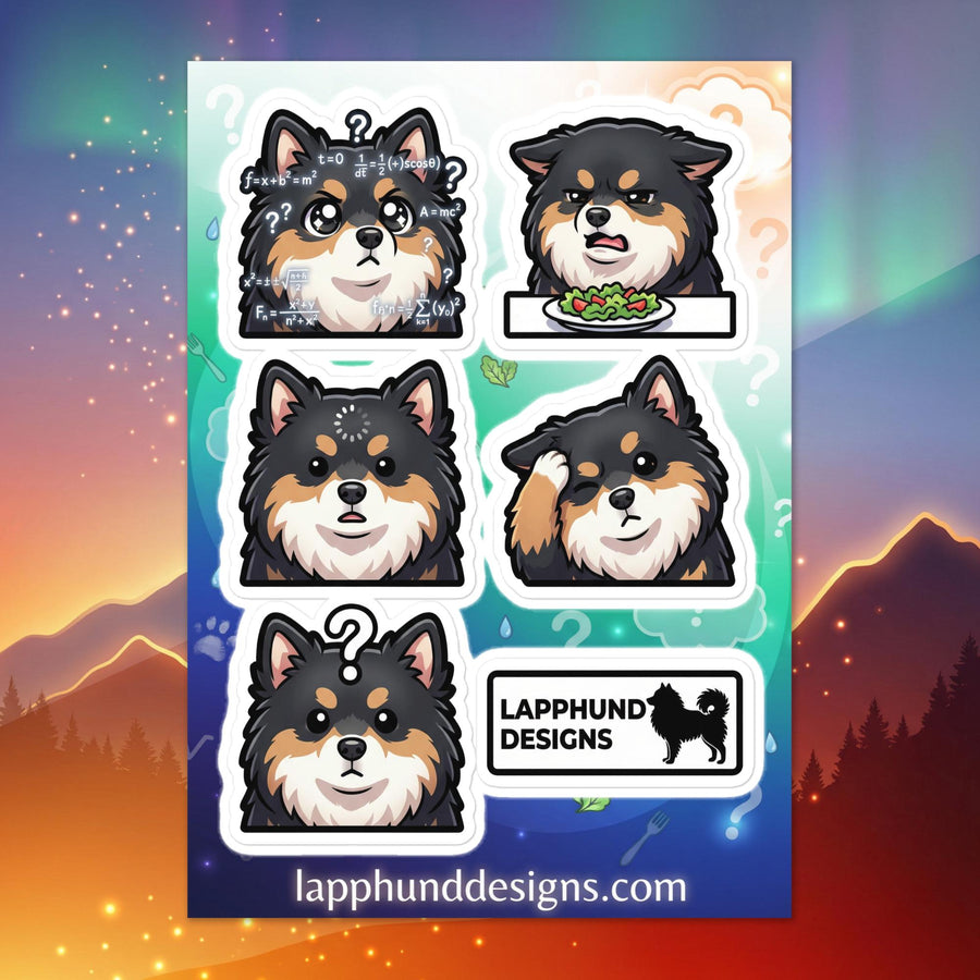 Finnish Lapphund confused expressions sticker sheet featuring question marks, unsure faces, and hesitant reactions