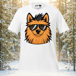 Lapphund wearing sunglasses with spiky fur graphic on a premium unisex outdoor adventure t-shirt for dog lovers.