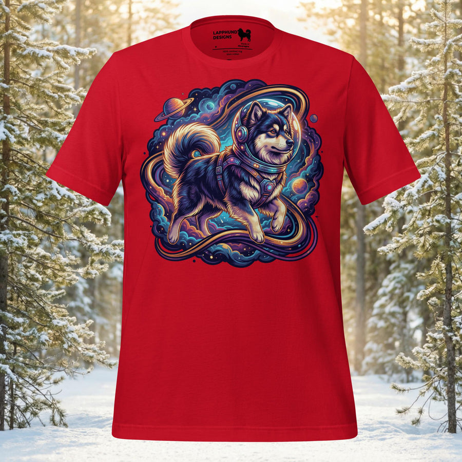 Finnish Lapphund cosmic adventure t-shirt with celestial Nordic dog artwork