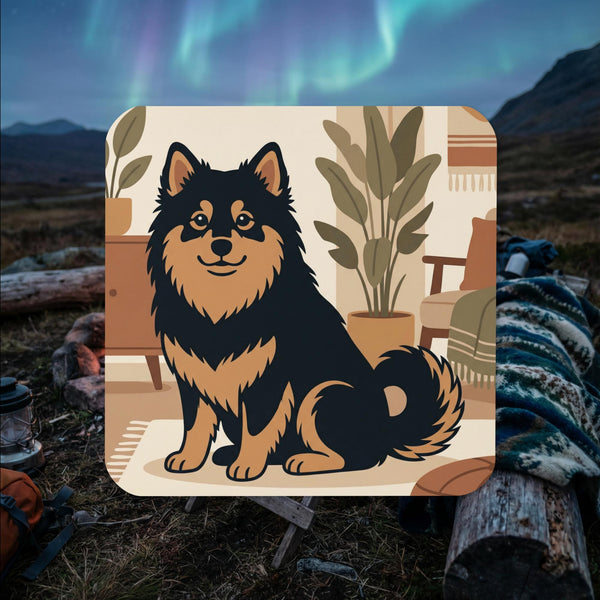 Finnish Lapphund illustrated cork-back coaster with cozy modern home style artwork