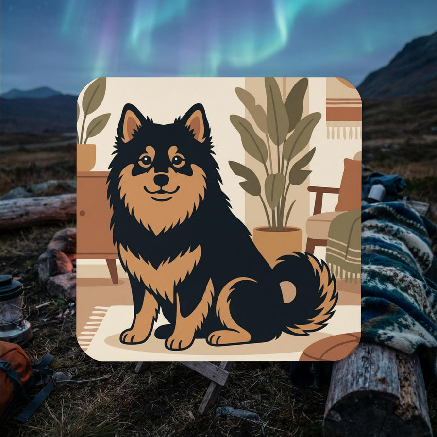 Finnish Lapphund illustrated cork-back coaster with cozy modern home style artwork