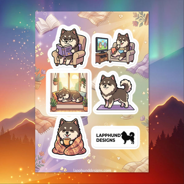 Finnish Lapphund cozy home sticker sheet featuring reading, relaxing, napping, and cozy indoor moments