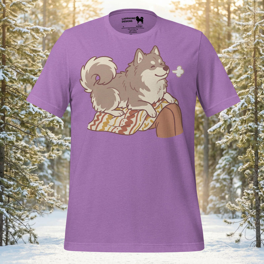 Finnish Lapphund illustrated resting contentedly on a person’s lap in a cozy, relaxed companion scene on a graphic t-shirt