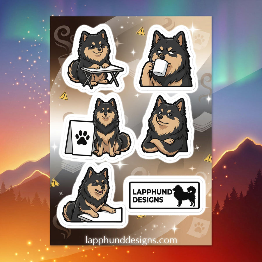 Finnish Lapphund cozy routine sticker sheet featuring coffee breaks, calm workday moments, and relaxed poses