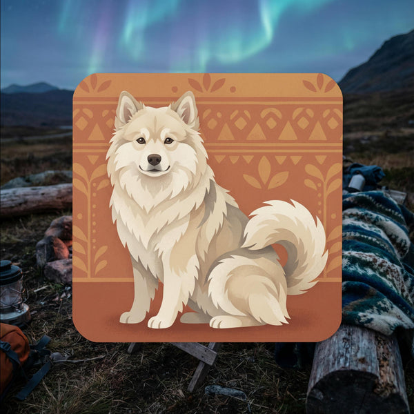 Cream coated Finnish Lapphund illustrated cork-back coaster with Nordic heritage pattern