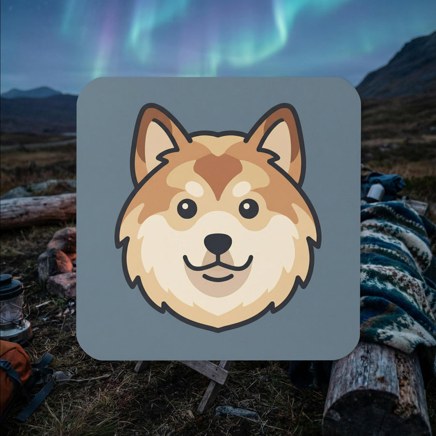 Cream Finnish Lapphund face icon illustrated cork-back coaster with simple cartoon style