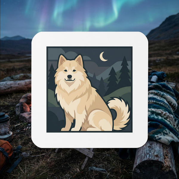 Cream Finnish Lapphund sitting illustrated cork-back coaster with night forest and crescent moon scene