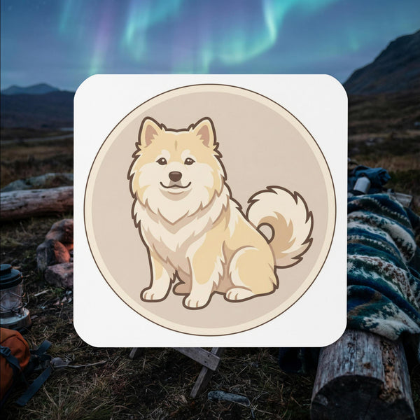 Cream Finnish Lapphund sitting illustrated cork-back coaster with circular badge frame