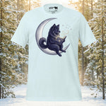 Finnish Lapphund illustrated resting on a crescent moon with stars and gentle magical details in a night sky fantasy design on a graphic t-shirt