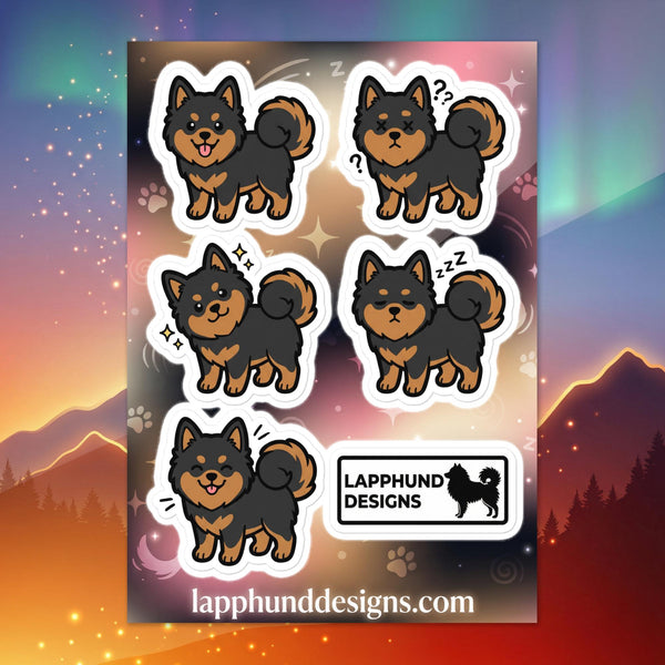 Finnish Lapphund daily puppy moods sticker sheet featuring calm smiles, sleepy moments, and gentle expressions