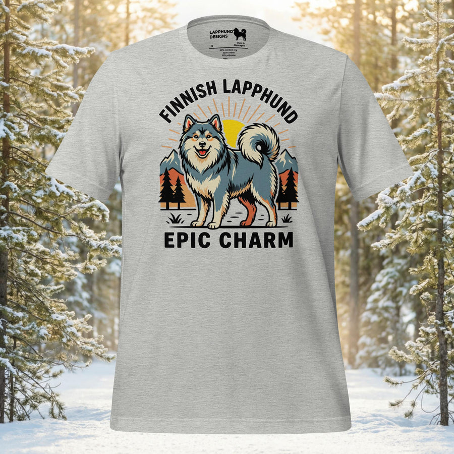 Finnish Lapphund Epic Charm t-shirt featuring a Nordic outdoor scene and confident Lapphund
