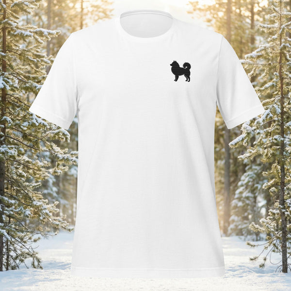Minimalist Finnish Lapphund silhouette featuring a curled tail and alert expression on a premium unisex t-shirt.