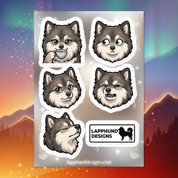 Finnish Lapphund everyday expressions sticker sheet featuring coffee moments, smiles, and calm moods