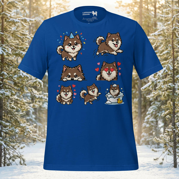 Cute Finnish Lapphund illustrated faces showing different emotions on a graphic t-shirt