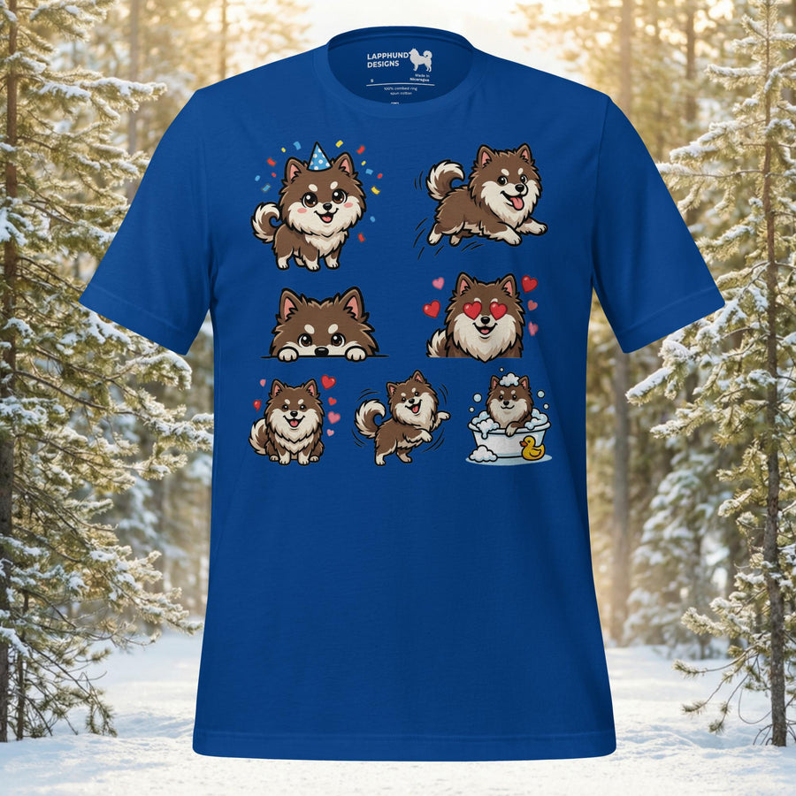 Cute Finnish Lapphund illustrated faces showing different emotions on a graphic t-shirt