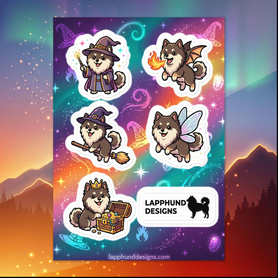 Finnish Lapphund fantasy magic sticker sheet featuring wizard, fairy, dragon, and treasure designs